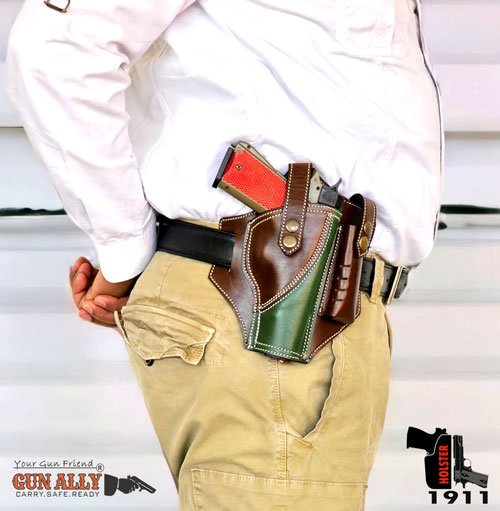 GunAlly Leather OWB Carry Two Slot Gun Holster for 1911 Similar Size Handgun - Gizmoway